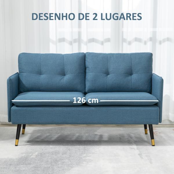 Sofá de 2 Lugares Moderno Estofado em Poliéster com 4 Almofadas Apoio para os Braços e Pés de Aço 139x68x80 cm Azul