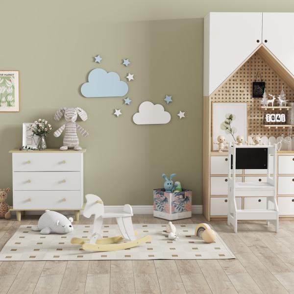 Torre de Aprendizagem para Crianças 3 - 6 Anos de Madeira Torre de Aprendizagem Infantil Convertível em Secretária com Ardósia e Barra de Segurança para Casa de Banho Cozinha 42x44x86cm Branco