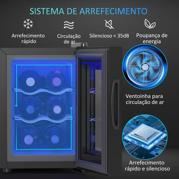 Cave de Vinho para 6 Garrafas com Luz LED Ecrã Tátil Controlo de Temperatura e 2 Prateleiras Ajustáveis 26,5x51,5x39,3 cm Preto