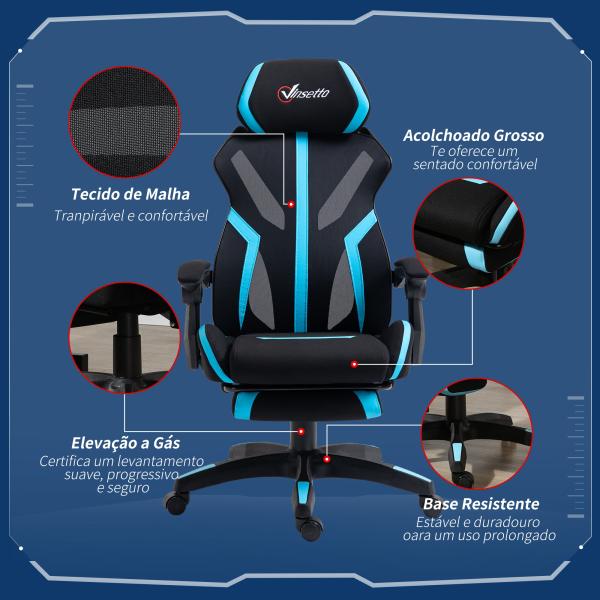 Cadeira de Gaming com Apoio para os Pés Retrátil Cadeira de Escritório Reclinável com Apoio para a Cabeça e Altura Ajustável 65x65x119 - 129cm Preto e Azul