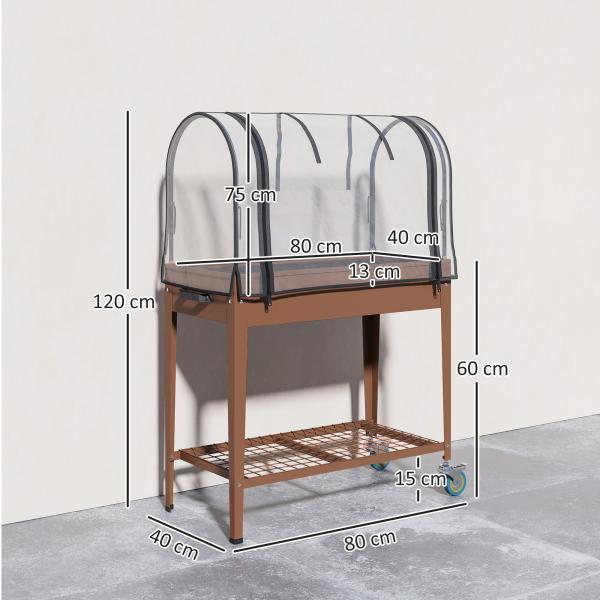 Mesa de Cultivo com Rodas 80x40x120 cm Horta Urbana Elevada com Cobertura de Estufa para Cultivar Plantas Flores Marróm