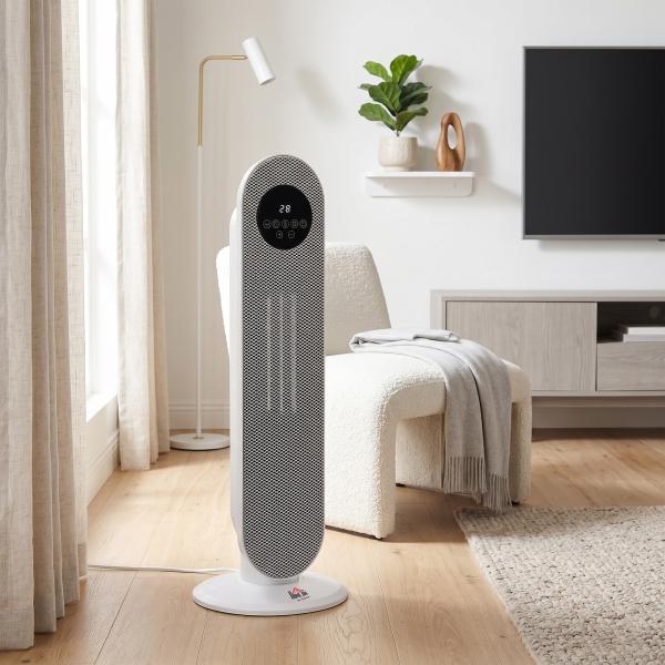 Aquecedor Elétrico Cerâmico PTC 1300/2000 W com Controlo Remoto, Oscilação 45°, Temporizador 12 h, Branco