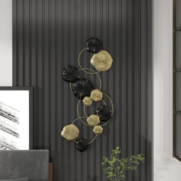 Decoração de Parede em Metal com Forma de Flor de Lótus Adorno para Sala Moderna Decoração 84x35 cm Dourado e Preto