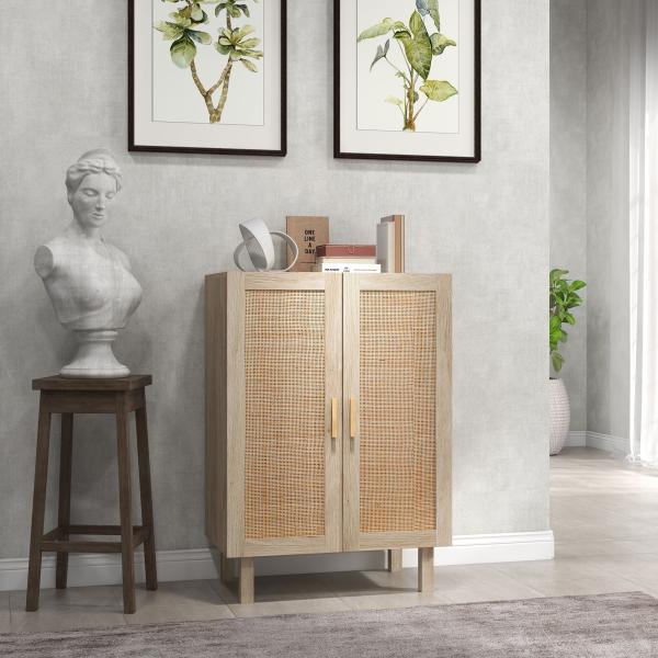 Aparador de Sala de Estar com 2 Portas de Rede e Prateleiras Ajustáveis Armário Estilo Cannage Anti - Tombo para Cozinha 73x41x102 cm Madeira