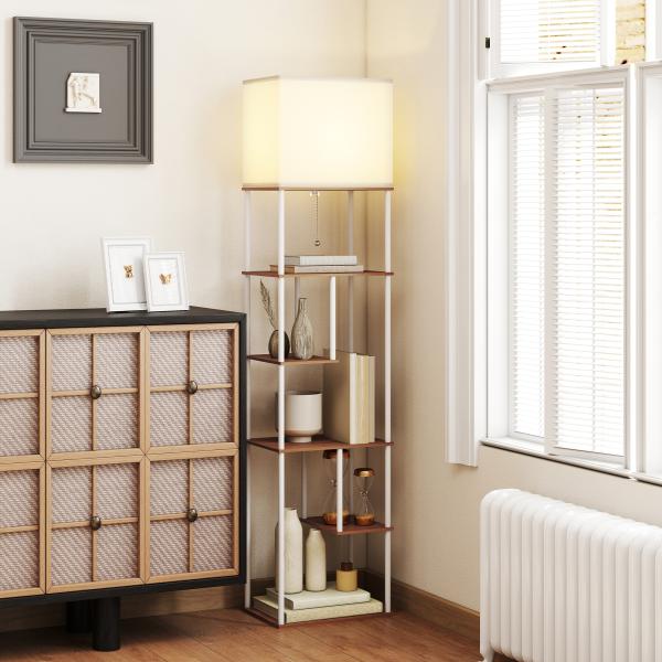 Candeeiro de Pé com Prateleiras Brilho e Temperaturas de Cor Ajustáveis 3000K - 6500K e Temporizador 40x29x171 cm Branco e Madeira