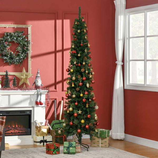 Árvore de Natal Artificial 225 cm Árvore de Natal com 706 Ramos Árvore de Natal Slim com 56 Pinhas Base Dobrável Ø58x225 cm Verde