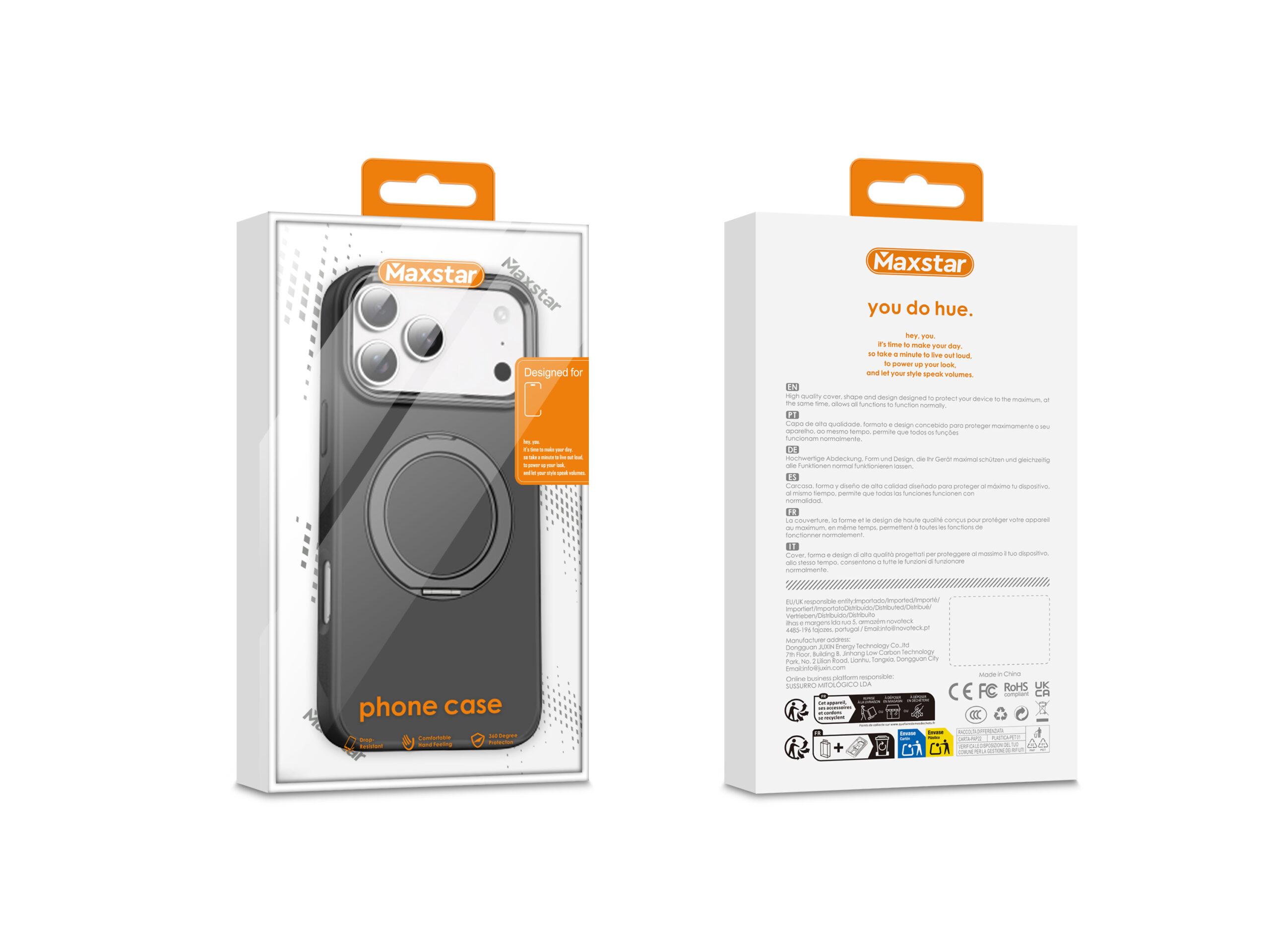 Maxstar MX801 Capa Magnética Antichoque Compatível com MagSafe para Apple iPhone 17, com Anel Rotativo 360° e Proteção Metálica Elevada da Câmara - Preto