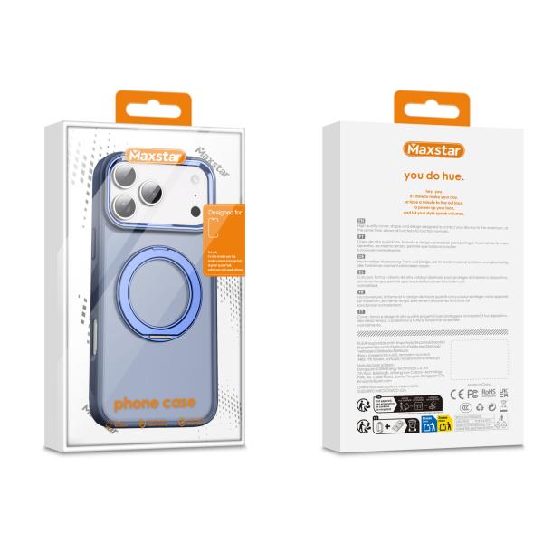 Maxstar MX801 Capa Magnética Antichoque Compatível com MagSafe para Apple iPhone 16 Pro Max, com Anel Rotativo 360° e Proteção Metálica Elevada da Câmara - Azul