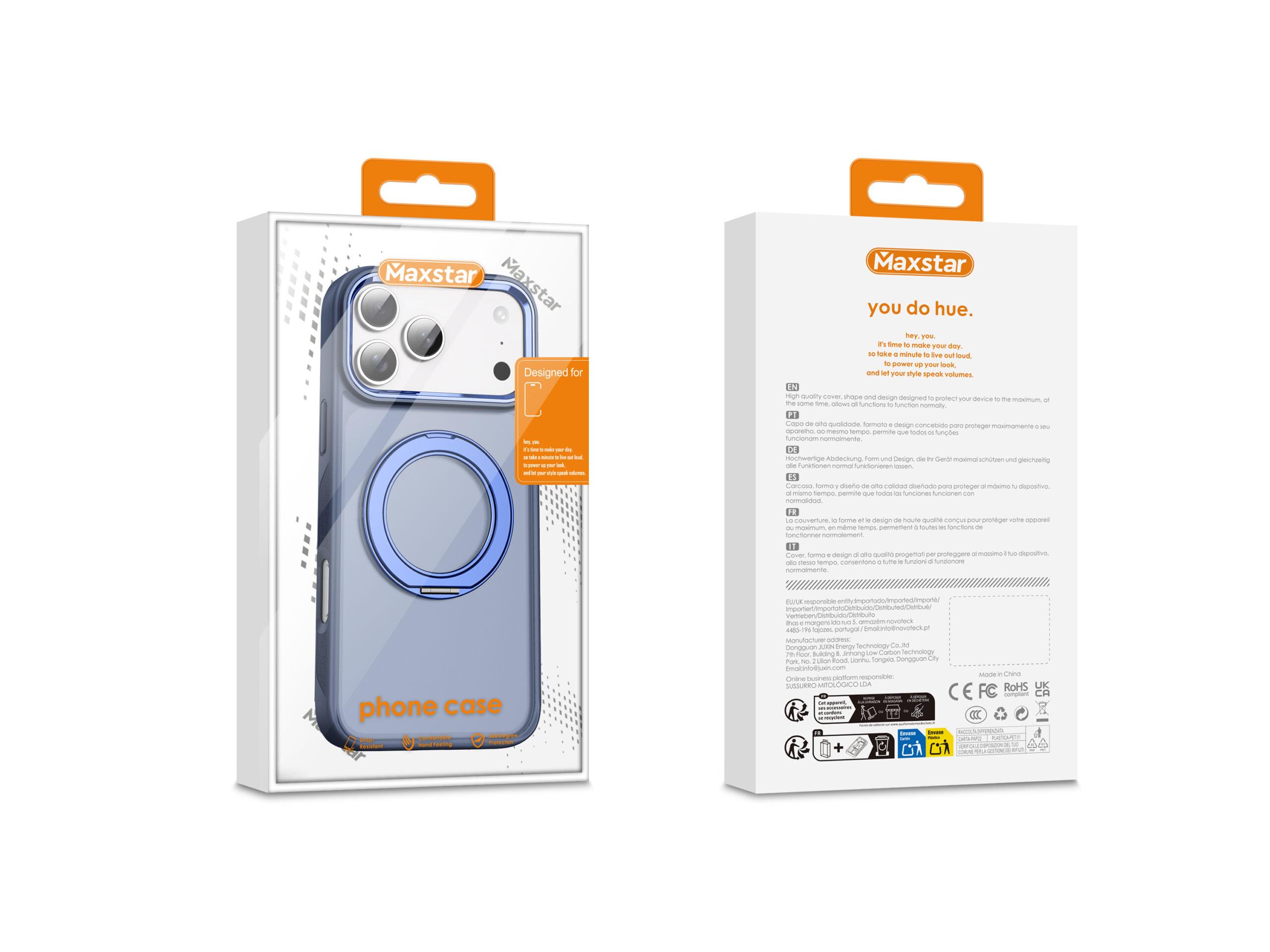 Maxstar MX801 Capa Magnética Antichoque Compatível com MagSafe para Apple iPhone 17, com Anel Rotativo 360° e Proteção Metálica Elevada da Câmara - Azul