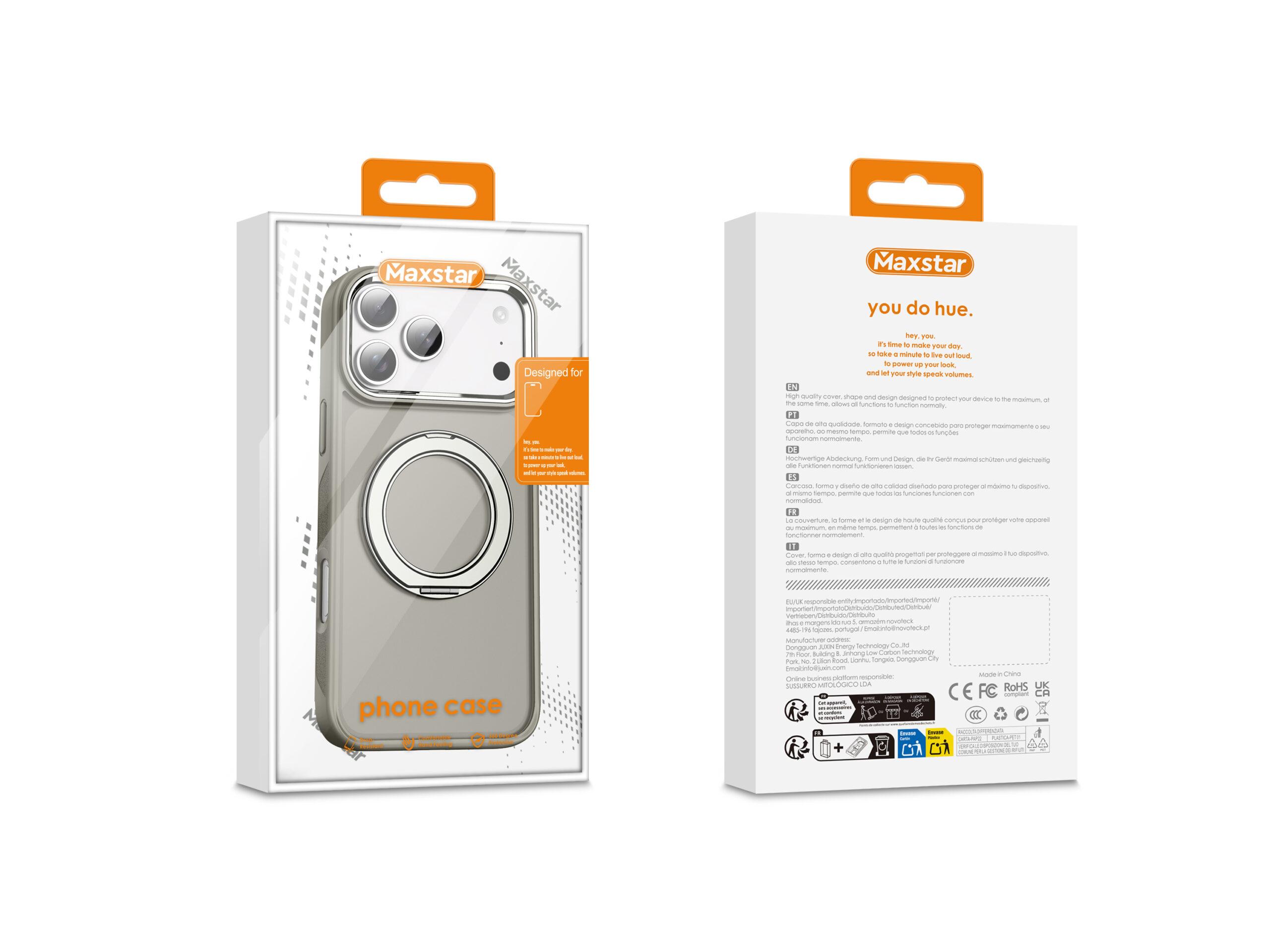 Maxstar MX801 Capa Magnética Antichoque Compatível com MagSafe para Apple iPhone 16 Plus, com Anel Rotativo 360° e Proteção Metálica Elevada da Câmara - Cinzento