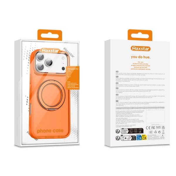Maxstar MX801 Capa Magnética Antichoque Compatível com MagSafe para Apple iPhone 17, com Anel Rotativo 360° e Proteção Metálica Elevada da Câmara - Laranja