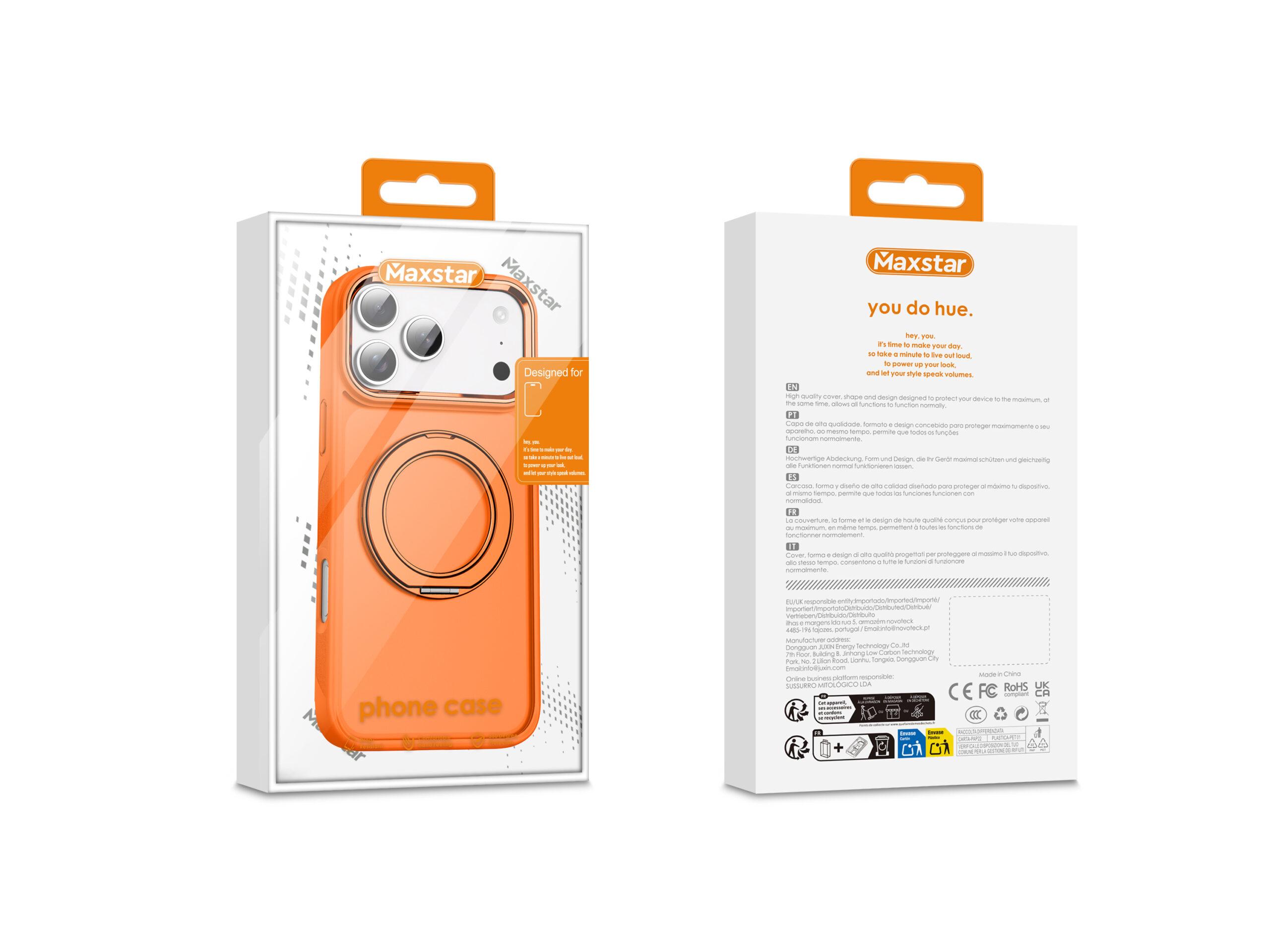 Maxstar MX801 Capa Magnética Antichoque Compatível com MagSafe para Apple iPhone 17, com Anel Rotativo 360° e Proteção Metálica Elevada da Câmara - Laranja