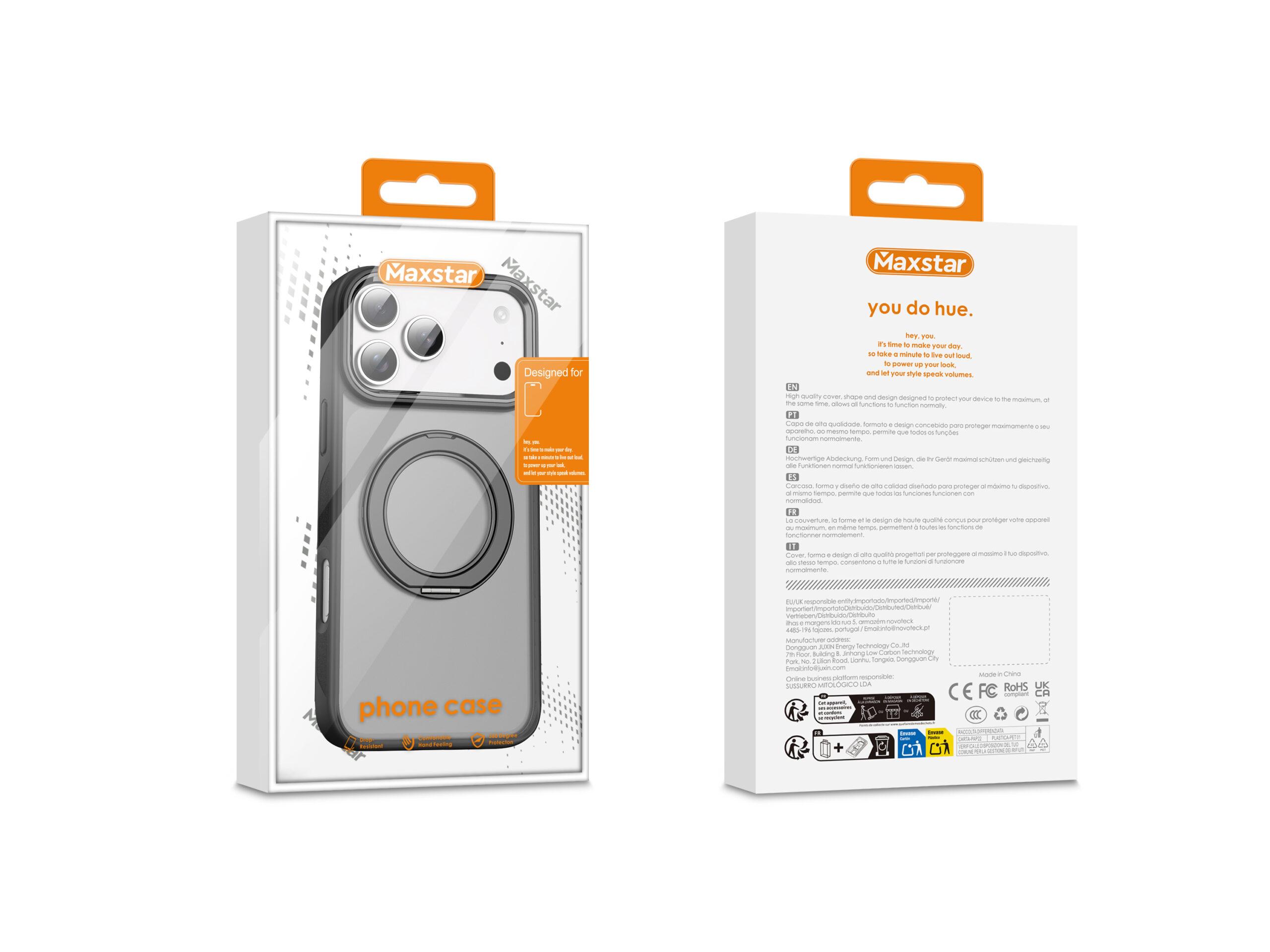 Maxstar MX801 Capa Magnética Antichoque Compatível com MagSafe para Apple iPhone 16 Pro Max, com Anel Rotativo 360° e Proteção Metálica Elevada da Câmara - Preta Transparente