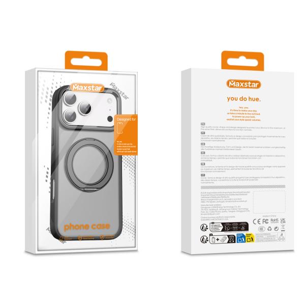 Maxstar MX801 Capa Magnética Antichoque Compatível com MagSafe para Apple iPhone 17, com Anel Rotativo 360° e Proteção Metálica Elevada da Câmara - Preta Transparente