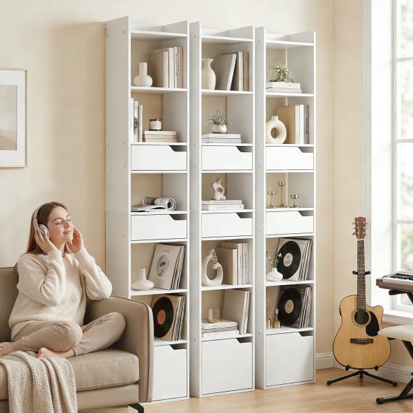 Estante para Livros com 2 Gavetas e Porta Estante Estreita com 6 Prateleiras Abertas 32x24x181,5 cm Branco