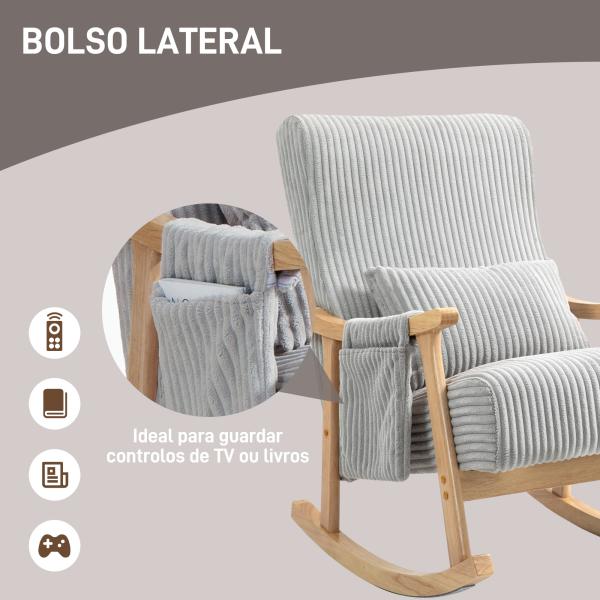 Poltrona Baloiço Moderna em Veludo Cotelê com Apoio para os Braços Almofada Lombar e Bolso Poltrona de Amamentação 65x90x98 cm Cinza