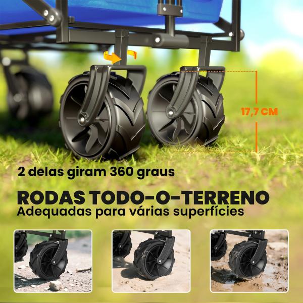 Carrinho de Transporte Dobrável para Praia Campismo Viajem com Toldo Guiador Rodas Altura Ajustável 117x55x98 cm Azul