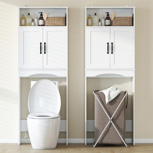 Armário sobre a Sanita, Móvel de Casa de Banho com 2 Portas de Fecho Suave e Prateleira Aberta, 64 x 21 x 173,5 cm, Branco