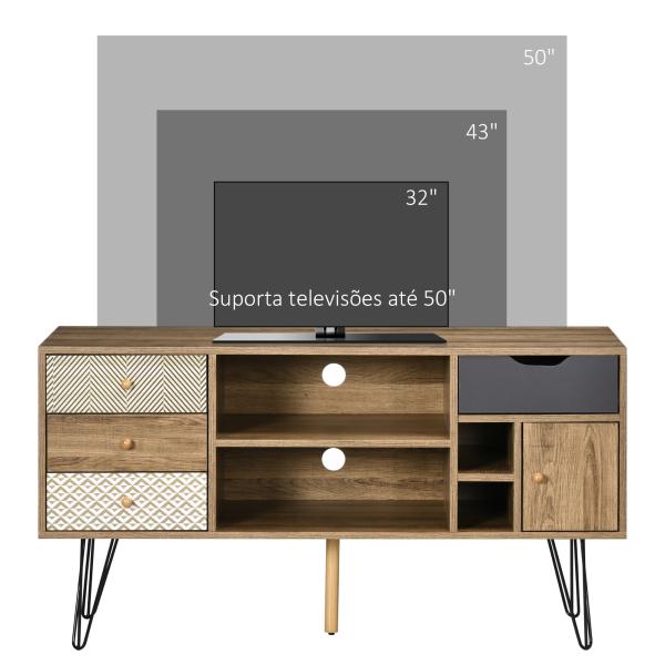 Móvel de TV com Prateleira de Armazenamento 4 Gavetas e Pés de Metal para Televisores de até 50 Polegadas 120x39x64cm Marrom