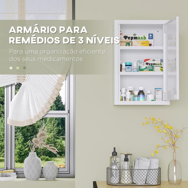 Armário Farmácia de Parede em Aço com 3 Prateleiras de Armazenamento e 2 Chaves para Casa de Banho 30x14x46 cm Branco