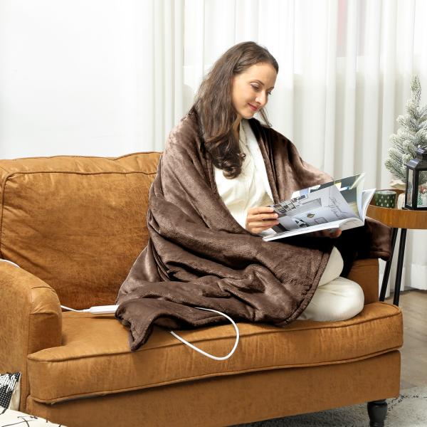 Manta Elétrica 180x130 cm Manta Térmica com Tecido Suave 10 Níveis de Temperatura e Temporizador Marrom