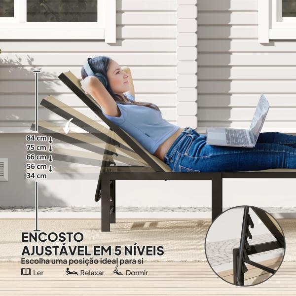 Espreguiçadeira Reclinável de Jardim Exterior com Encosto Ajustável em 4 Posições e Estrutura de Aço, 166x60x84 cm, Caqui