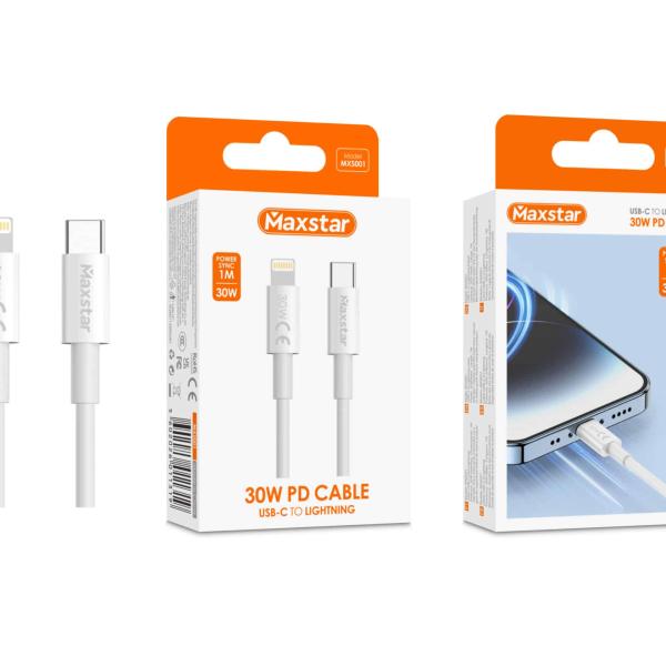 Maxstar Cabo USB - C para Lightning 30W Branco, Carregamento Rápido PD e Sincronização de Dados - 1 M