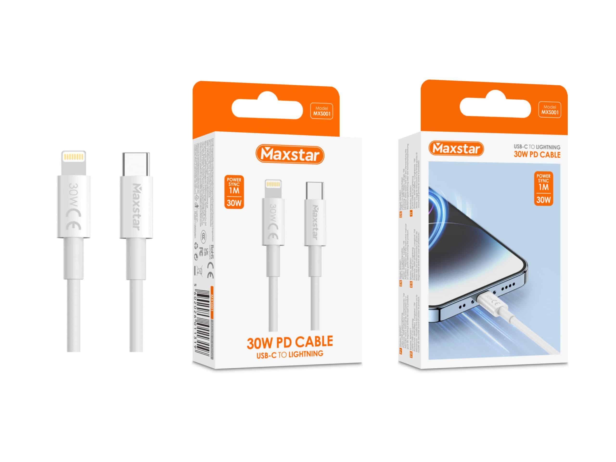 Maxstar Cabo USB - C para Lightning 30W Branco, Carregamento Rápido PD e Sincronização de Dados - 1 M