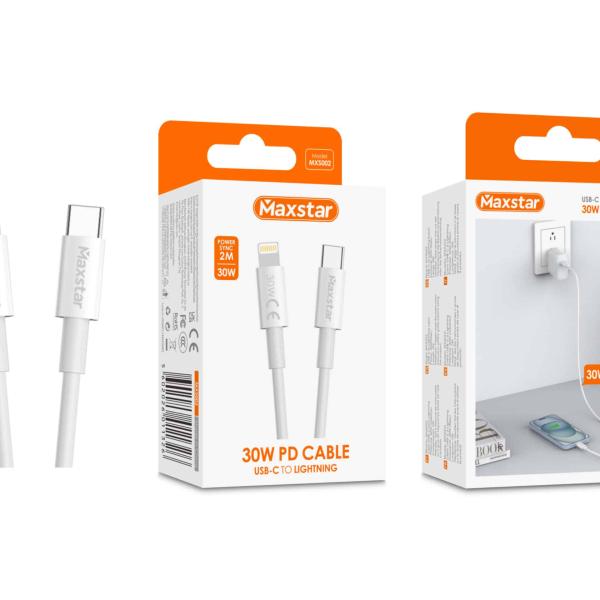 Maxstar Cabo USB - C para Lightning 30W Branco, Carregamento Rápido PD e Sincronização de Dados - 2 M
