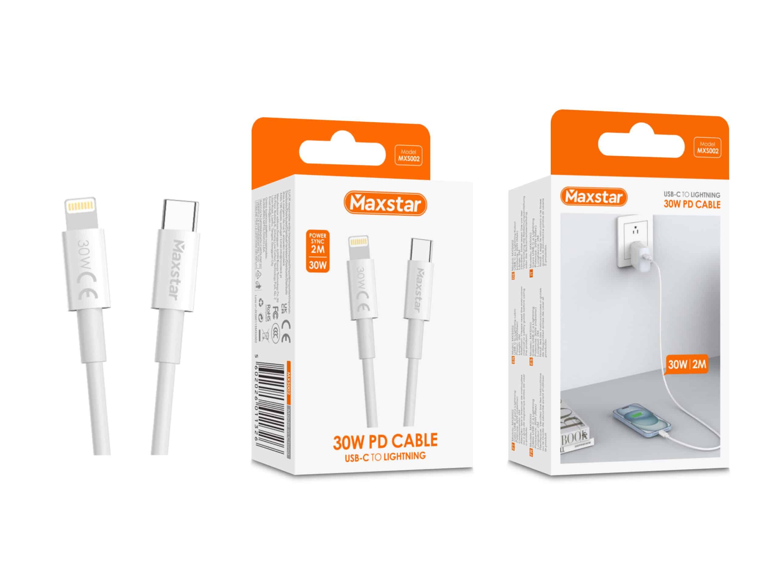 Maxstar Cabo USB - C para Lightning 30W Branco, Carregamento Rápido PD e Sincronização de Dados - 2 M