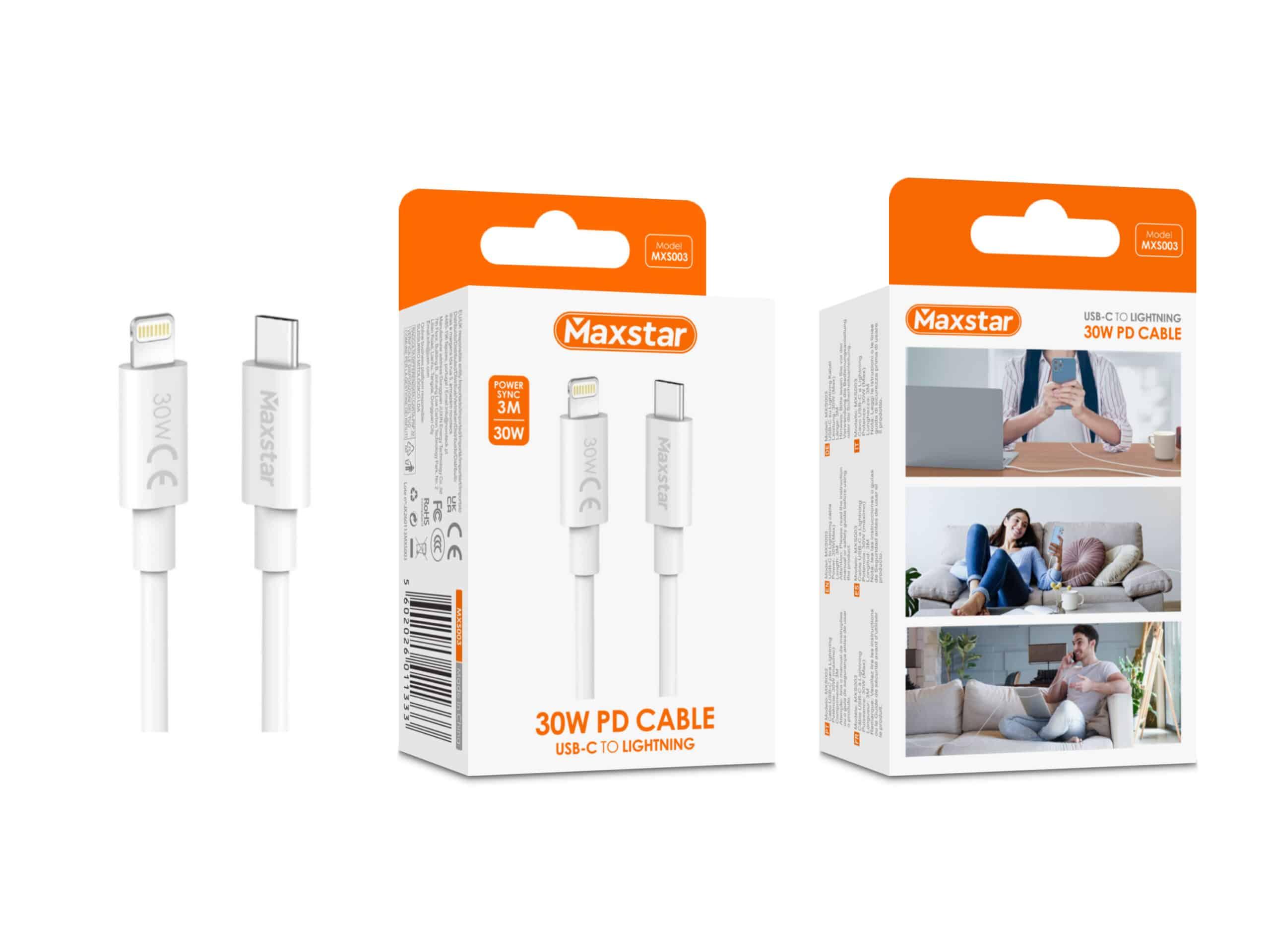 Maxstar Cabo USB - C para Lightning 30W Branco, Carregamento Rápido PD e Sincronização de Dados - 3 M