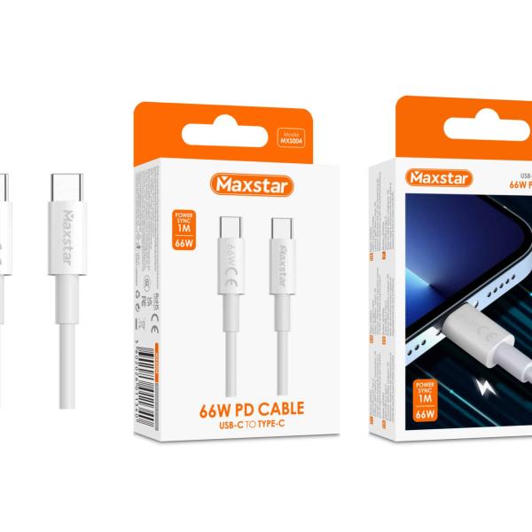 Maxstar Cabo USB - C para USB - C 66W Branco, Carregamento Rápido PD e Sincronização de Dados - 1 M