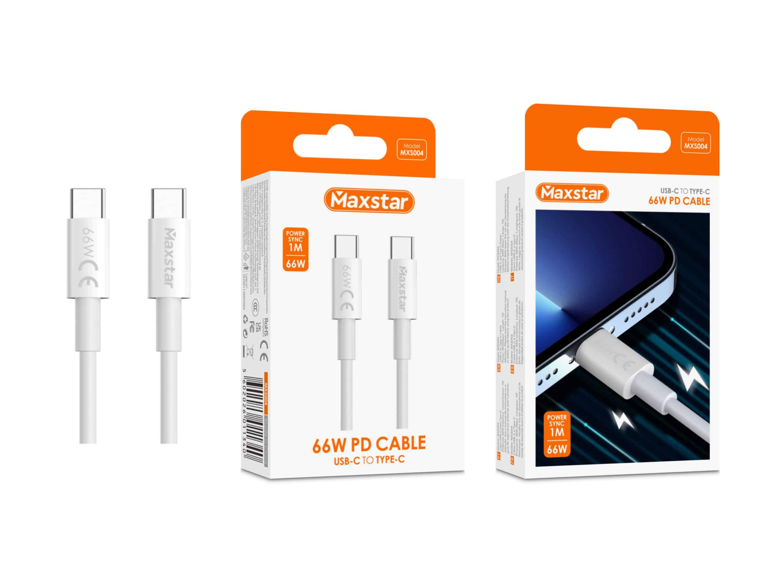Maxstar Cabo USB - C para USB - C 66W Branco, Carregamento Rápido PD e Sincronização de Dados - 1 M