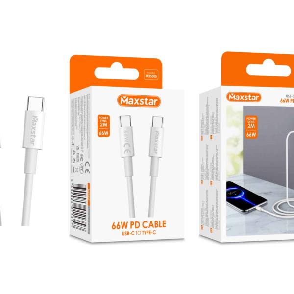 Maxstar Cabo USB - C para USB - C 66W Branco, Carregamento Rápido PD e Sincronização de Dados - 2 M