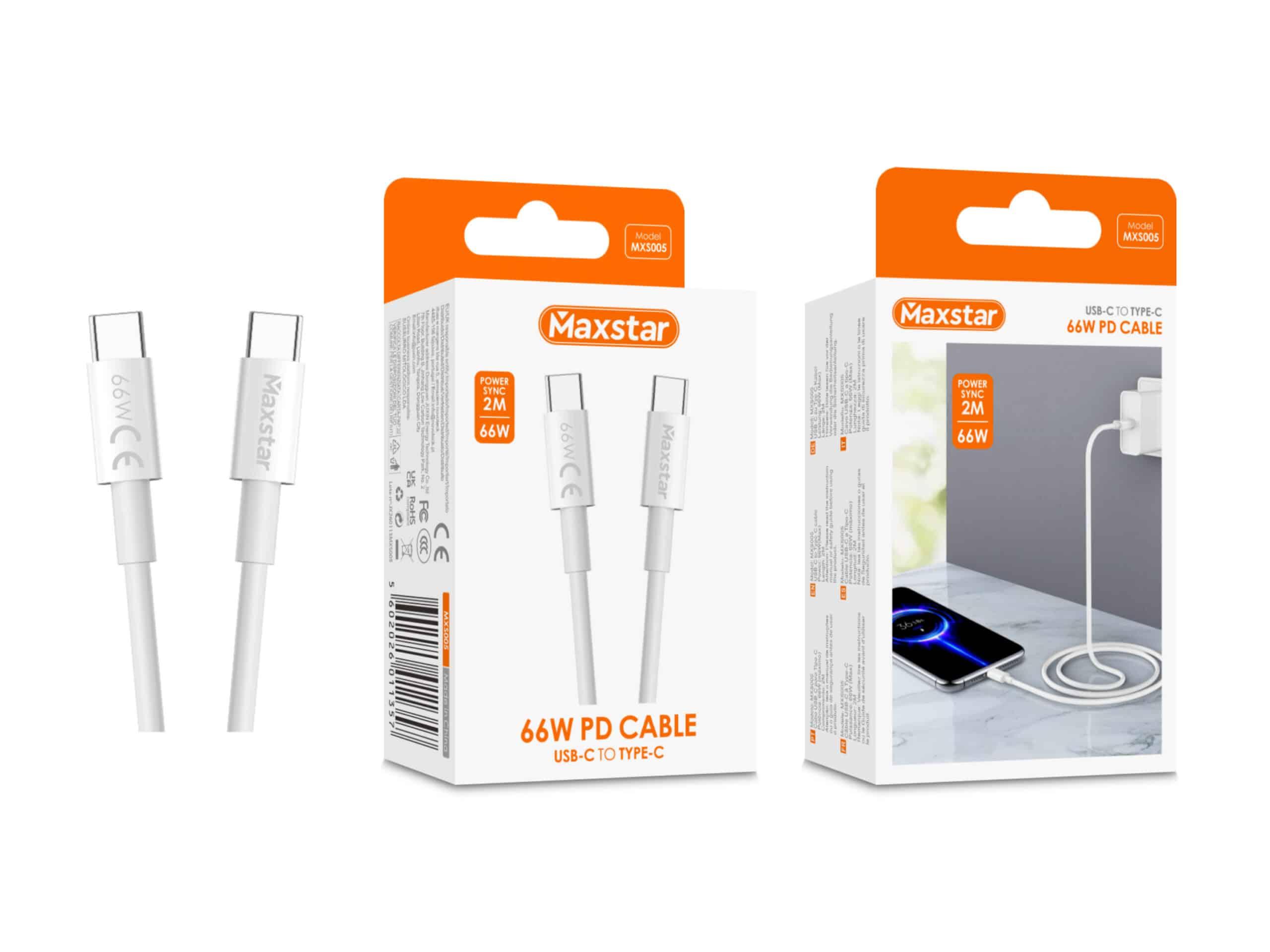 Maxstar Cabo USB - C para USB - C 66W Branco, Carregamento Rápido PD e Sincronização de Dados - 2 M