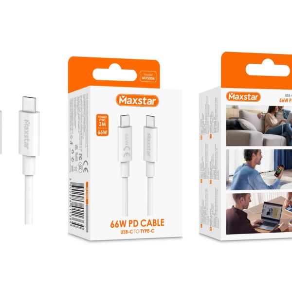 Maxstar Cabo USB - C para USB - C 66W Branco, Carregamento Rápido PD e Sincronização de Dados - 3 M