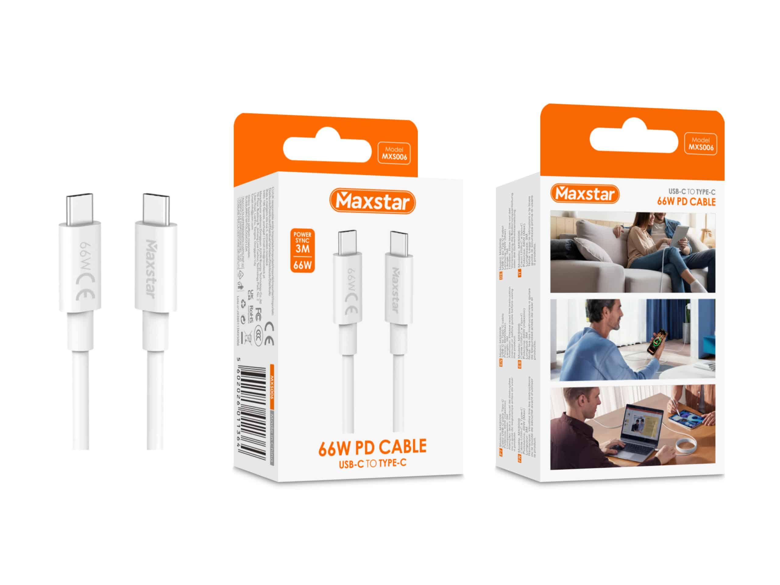 Maxstar Cabo USB - C para USB - C 66W Branco, Carregamento Rápido PD e Sincronização de Dados - 3 M