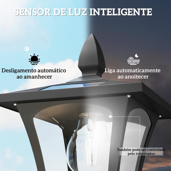 Candeeiro Solar Exterior de Jardim com Vaso Poste de Alumínio IP44 Ligação Automática 33x33x160 cm Preto