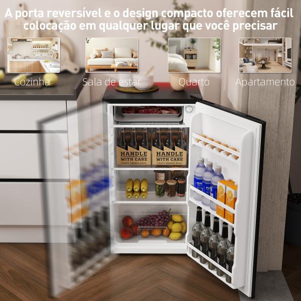 Frigorífico Pequeno com Congelador 91L Silencioso Porta Reversível Temperatura Regulável e Prateleiras Ajustáveis Preto