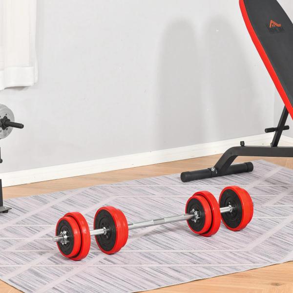 Conjunto de Halteres Ajustáveis HOMCOM 20 kg 2 em 1 — 8 Discos, 2 Barras e Extensor, Preto/Vermelho