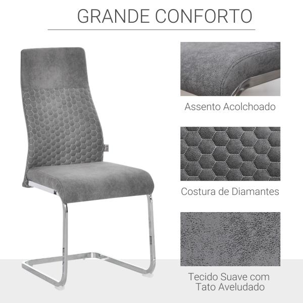 Conjunto de 4 Cadeiras de Sala de Jantar Estofadas em Veludo com Assento Acolchoado e Pés de Metal Cadeiras Cantilever Modernas 45x61x98cm Cinza