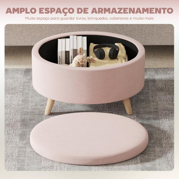 Puff Estofado em Veludo Acolchoado Banco de Armazenamento com Tampa Removível e Pés de Madeira 71x51,5x42 cm Rosa