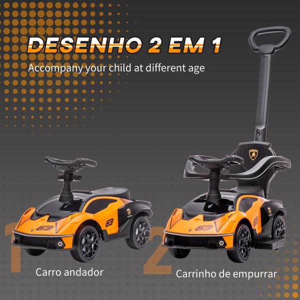 Carro Andador Lamborghini Essenza SCV2 Carro Andador com Buzina Guiador e Grade de Segurança 86,5x40x89,5cm Laranja