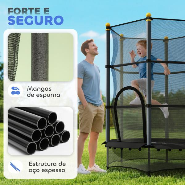 Trampolim para Crianças com Rede de Segurança e Estrutura de Aço para Interiores e Exteriores Carga 50kg Ø140x190 cm Preto