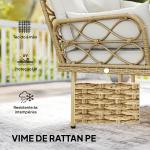 Conjunto de Jardim Exterior em Vime com 1 Sofá de Dois Lugares 1 Espreguiçadeira e 1 Mesa de Centro Madeira e Creme