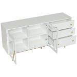 Aparador de Sala de Estar com 2 Portas de Vidro 3 Gavetas e Pés de Madeira de Borracha 160x40x80 cm Branco e Madeira