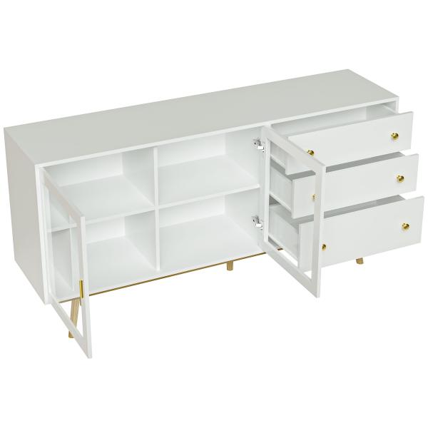 Aparador de Sala de Estar com 2 Portas de Vidro 3 Gavetas e Pés de Madeira de Borracha 160x40x80 cm Branco e Madeira