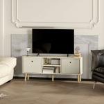 Móvel de TV para Televisores de até 50 Polegadas com 2 Gavetas de Tecido 2 Prateleiras Abertas 110x29x46,5 cm Madeira Clara e Bege