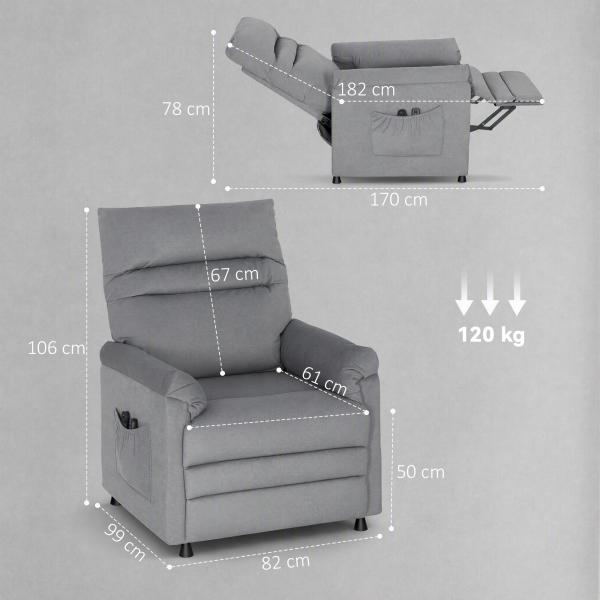 Poltrona Relax com Aquecimento Lombar e Massagem por Vibração Reclinável Função de Memória 82x99x106 cm Cinzento
