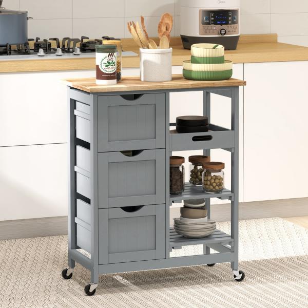 Carrinho de Cozinha com Rodas Carrinho de Serviço com 3 Gavetas 2 Prateleiras Abertas e Bandeja 67x37x85,5 cm Cinzento